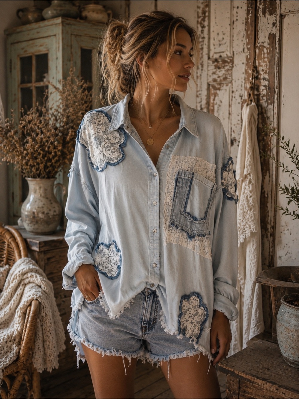 224🌟 Soft Wash Denim Lace Patchwork Shirt – Medium – NWOT